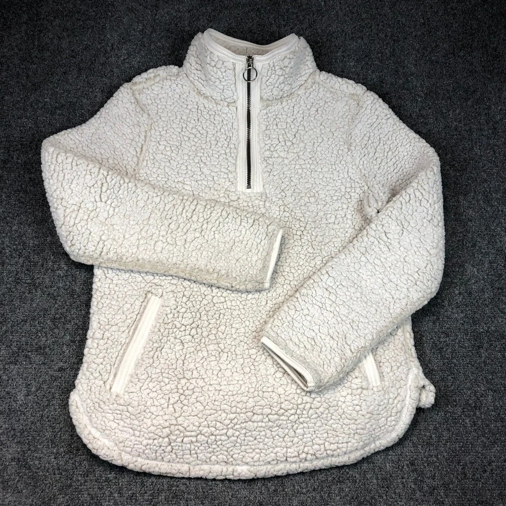 Cozy Sherpa Pullover Fleece Jacket‎ White Cream Size S Pockets Quarter Zip